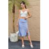 imageALCEA ROSEA Women High Waist Silky Satin Midi Skirt Elastic Waist A Line Skirt with SlitMidnight Blue