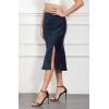 imageALCEA ROSEA Women High Waist Silky Satin Midi Skirt Elastic Waist A Line Skirt with SlitNavy