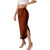 imageALCEA ROSEA Womens Silky Satin Midi Skirt High Waist Elastic Waist A Line Skirt with Slit7819khaki