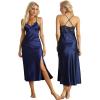 imageALCEA ROSEA Women Silk Satin Nightgown Sexy Lace Chemise Lingerie Long Sleepdress for Ladies Sleepwear Slip NegligeeNavy