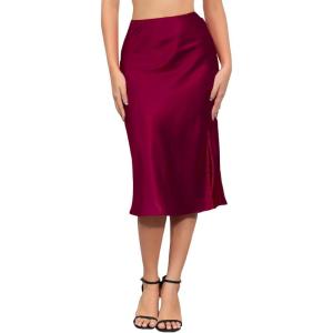 imageALCEA ROSEA Women High Waist Silky Satin Midi Skirt Elastic Waist A Line Skirt with Slit1951burgundy