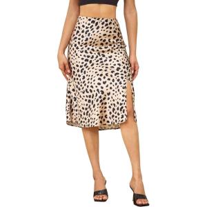 imageALCEA ROSEA Women High Waist Silky Satin Midi Skirt Elastic Waist A Line Skirt with Slit1951leopard