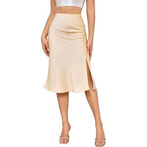 imageALCEA ROSEA Women High Waist Silky Satin Midi Skirt Elastic Waist A Line Skirt with SlitBeige