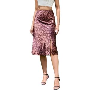 imageALCEA ROSEA Women High Waist Silky Satin Midi Skirt Elastic Waist A Line Skirt with SlitBrown Leopard