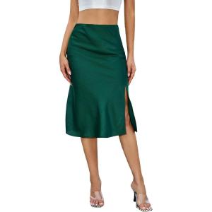 imageALCEA ROSEA Women High Waist Silky Satin Midi Skirt Elastic Waist A Line Skirt with SlitDark Green