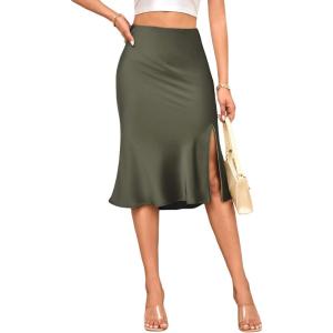 imageALCEA ROSEA Women High Waist Silky Satin Midi Skirt Elastic Waist A Line Skirt with SlitFatigue