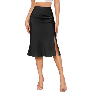 imageALCEA ROSEA Women High Waist Silky Satin Midi Skirt Elastic Waist A Line Skirt with SlitJet Black