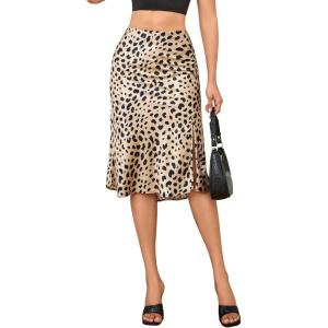 imageALCEA ROSEA Women High Waist Silky Satin Midi Skirt Elastic Waist A Line Skirt with SlitLeopard