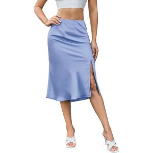 imageALCEA ROSEA Women High Waist Silky Satin Midi Skirt Elastic Waist A Line Skirt with SlitMidnight Blue