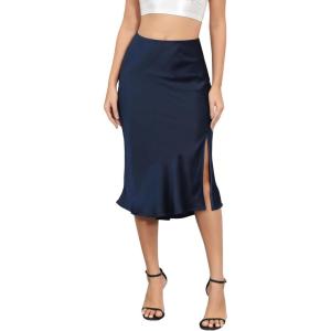 imageALCEA ROSEA Women High Waist Silky Satin Midi Skirt Elastic Waist A Line Skirt with SlitNavy