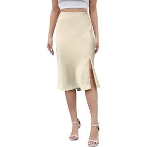 imageALCEA ROSEA Women High Waist Silky Satin Midi Skirt Elastic Waist A Line Skirt with SlitOatmeal