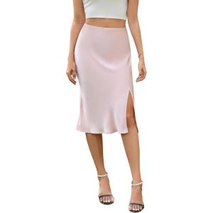 imageALCEA ROSEA Women High Waist Silky Satin Midi Skirt Elastic Waist A Line Skirt with SlitPink