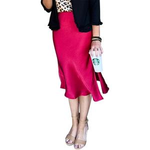 imageALCEA ROSEA Women High Waist Silky Satin Midi Skirt Elastic Waist A Line Skirt with SlitRed