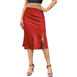 imageALCEA ROSEA Women High Waist Silky Satin Midi Skirt Elastic Waist A Line Skirt with SlitTomato