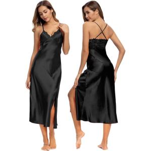 imageALCEA ROSEA Women Silk Satin Nightgown Sexy Lace Chemise Lingerie Long Sleepdress for Ladies Sleepwear Slip NegligeeBlack