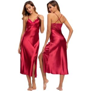 imageALCEA ROSEA Women Silk Satin Nightgown Sexy Lace Chemise Lingerie Long Sleepdress for Ladies Sleepwear Slip NegligeeBurgundy