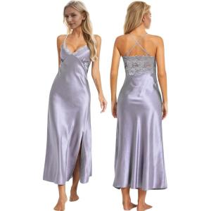 imageALCEA ROSEA Women Silk Satin Nightgown Sexy Lace Chemise Lingerie Long Sleepdress for Ladies Sleepwear Slip NegligeeCharcoal Grey