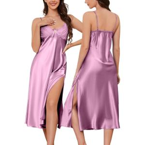 imageALCEA ROSEA Women Silk Satin Nightgown Sexy Lace Chemise Lingerie Long Sleepdress for Ladies Sleepwear Slip NegligeeDusty Rosebow