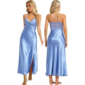 imageALCEA ROSEA Women Silk Satin Nightgown Sexy Lace Chemise Lingerie Long Sleepdress for Ladies Sleepwear Slip NegligeeMidnight Blue