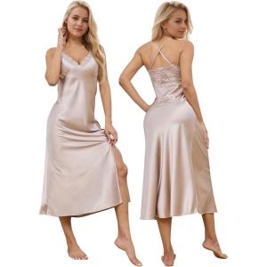 imageALCEA ROSEA Women Silk Satin Nightgown Sexy Lace Chemise Lingerie Long Sleepdress for Ladies Sleepwear Slip NegligeeMilk Tea