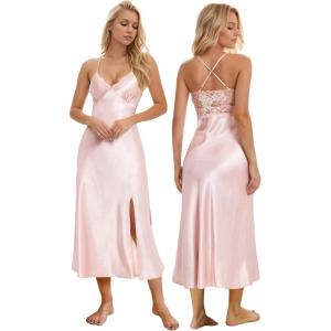 imageALCEA ROSEA Women Silk Satin Nightgown Sexy Lace Chemise Lingerie Long Sleepdress for Ladies Sleepwear Slip NegligeePink