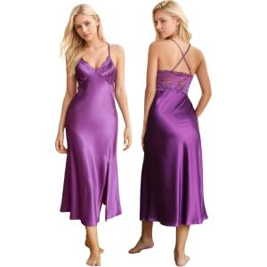 imageALCEA ROSEA Women Silk Satin Nightgown Sexy Lace Chemise Lingerie Long Sleepdress for Ladies Sleepwear Slip NegligeePurple