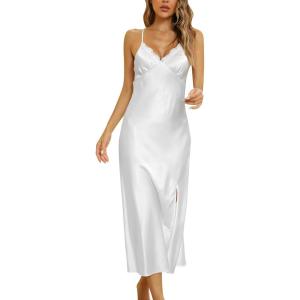 imageALCEA ROSEA Women Silk Satin Nightgown Sexy Lace Chemise Lingerie Long Sleepdress for Ladies Sleepwear Slip NegligeeWhite2