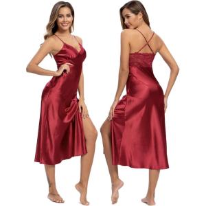 imageALCEA ROSEA Women Silk Satin Nightgown Sexy Lace Chemise Lingerie Long Sleepdress for Ladies Sleepwear Slip NegligeeWine