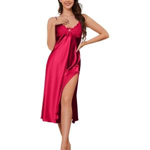 imageALCEA ROSEA Women Silk Satin Nightgown Sexy Lace Chemise Lingerie Long Sleepdress for Ladies Sleepwear Slip NegligeeWinebow