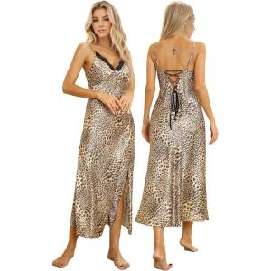 imageALCEA ROSEA Women Silk Satin Nightgown Sexy Lace Chemise Lingerie Long Sleepdress for Ladies Sleepwear Slip NegligeeXleopard