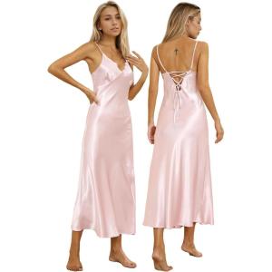 imageALCEA ROSEA Women Silk Satin Nightgown Sexy Lace Chemise Lingerie Long Sleepdress for Ladies Sleepwear Slip NegligeeXpink