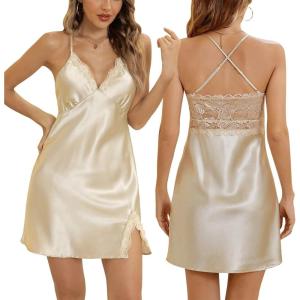 imageALCEA ROSEA Women Sleepwear Sexy Lingerie Nightgown Lace Chemise Satin Slip Silk Negligee Nightie073schampagne