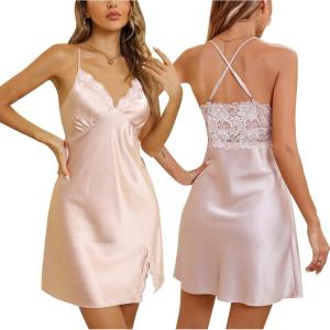 imageALCEA ROSEA Women Sleepwear Sexy Lingerie Nightgown Lace Chemise Satin Slip Silk Negligee Nightie073sdirty Pink