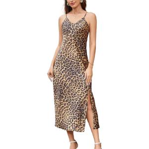 imageALCEA ROSEA Womens Long Satin Slip Dress Nightgowns Sexy Lingerie Adjustable Strap Midi Dress Silky Gown V Neck Under DressGold Leopard