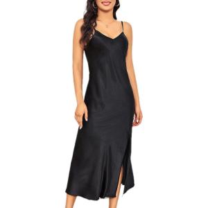 imageALCEA ROSEA Womens Long Satin Slip Dress Nightgowns Sexy Lingerie Adjustable Strap Midi Dress Silky Gown V Neck Under DressJet Black