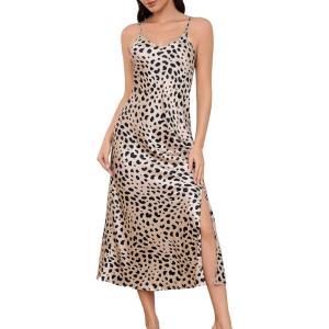 imageALCEA ROSEA Womens Long Satin Slip Dress Nightgowns Sexy Lingerie Adjustable Strap Midi Dress Silky Gown V Neck Under DressLeopard