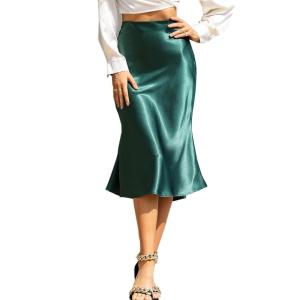 imageALCEA ROSEA Womens Satin High Waisted Silk Aline Wedding Elegant Elastic Midi SkirtBlackish Green