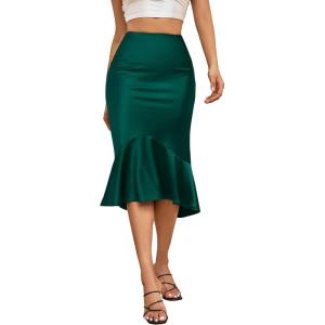 imageALCEA ROSEA Womens Satin High Waisted Silk Aline Wedding Elegant Elastic Midi SkirtBlackish Green203