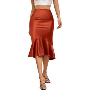 imageALCEA ROSEA Womens Satin High Waisted Silk Aline Wedding Elegant Elastic Midi SkirtCaramel 203