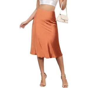 imageALCEA ROSEA Womens Satin High Waisted Silk Aline Wedding Elegant Elastic Midi SkirtCaramel