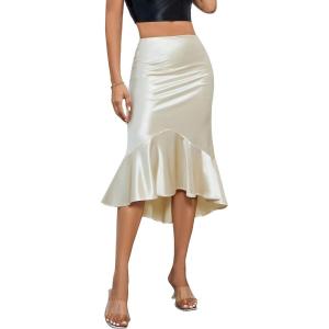 imageALCEA ROSEA Womens Satin High Waisted Silk Aline Wedding Elegant Elastic Midi SkirtChampagne 203