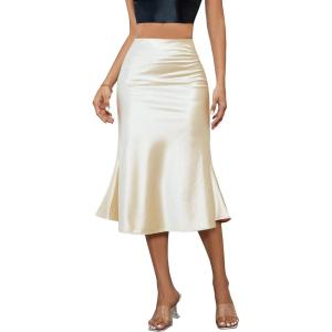 imageALCEA ROSEA Womens Satin High Waisted Silk Aline Wedding Elegant Elastic Midi SkirtChampagne