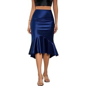 imageALCEA ROSEA Womens Satin High Waisted Silk Aline Wedding Elegant Elastic Midi SkirtNavy203