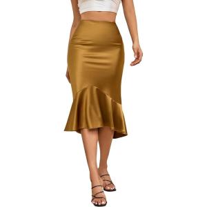 imageALCEA ROSEA Womens Satin High Waisted Silk Aline Wedding Elegant Elastic Midi SkirtRich Gold 203