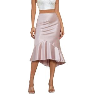 imageALCEA ROSEA Womens Satin High Waisted Silk Aline Wedding Elegant Elastic Midi SkirtRose Pink203