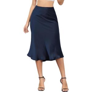 imageALCEA ROSEA Womens Satin High Waisted Silky Midi Skirt Elastic Aline Skirt for Wedding Party Work7302navy