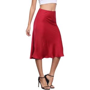 imageALCEA ROSEA Womens Satin High Waisted Silky Midi Skirt Elastic Aline Skirt for Wedding Party Work7302red