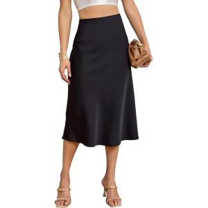 imageALCEA ROSEA Womens Satin High Waisted Silky Midi Skirt Elastic Aline Skirt for Wedding Party Work7307black