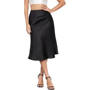 imageALCEA ROSEA Womens Satin High Waisted Silky Midi Skirt Elastic Aline Skirt for Wedding Party WorkBlack