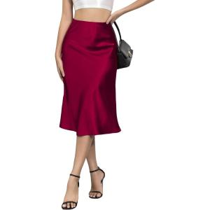 imageALCEA ROSEA Womens Satin High Waisted Silky Midi Skirt Elastic Aline Skirt for Wedding Party WorkBurgundy